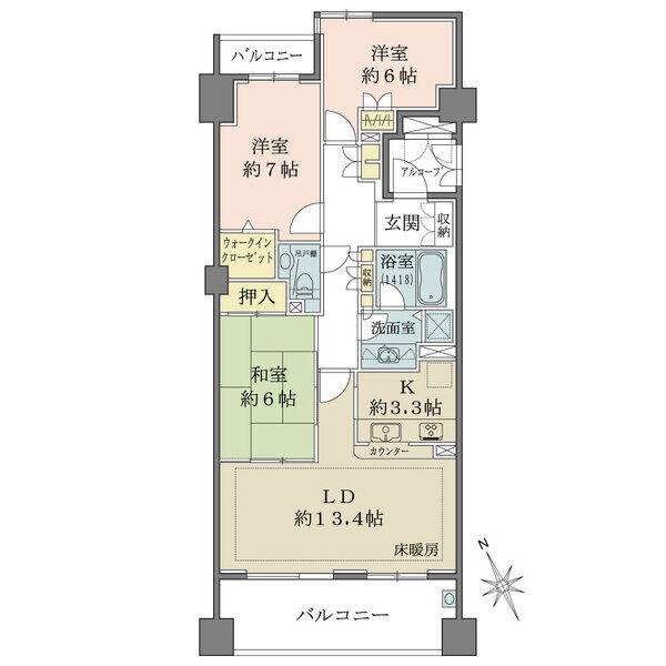 3階部分、82.61m2、3LDK、バルコニー南西向きにつき陽當り良好、各居室に収納有