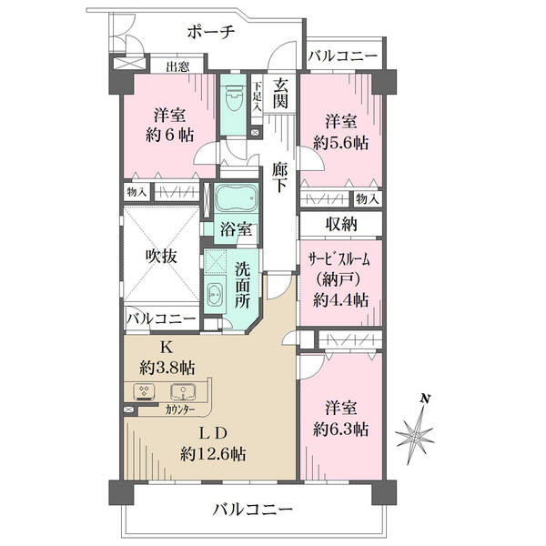 ゆとりある住まい設計。南東側を含む3箇所にバルコニーがあり、陽當り?通風良好です。全居室に収納あり。