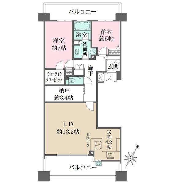 南東向きにつき陽當り良好。2面バルコニー付きで開放的な住空間。分譲時に一部間取り変更されています。