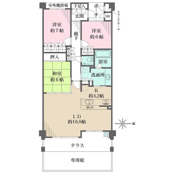 専用庭とテラスのある東向き住戸。洗面室は便利な2WAY動線。全居室6帖以上の広さが確保されています。