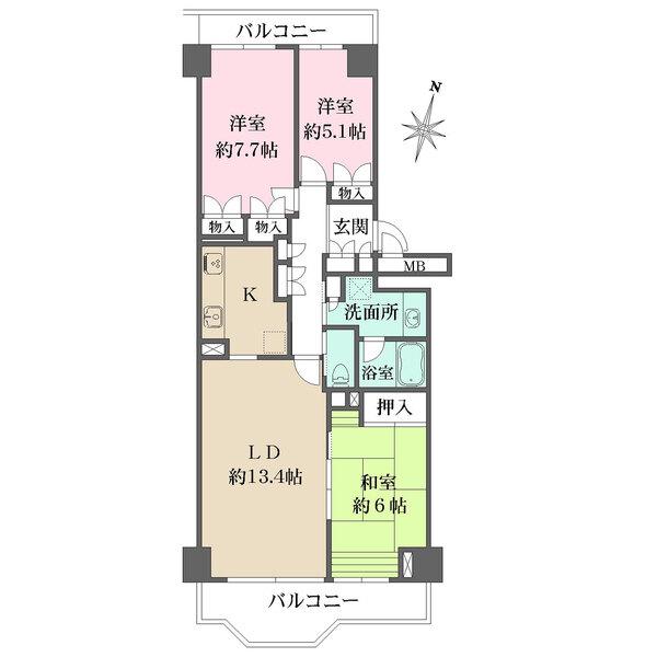南と北側の2面バルコニー付き。全居室がバルコニーに面し、陽當り?通風良好。キッチンは獨立空間です。