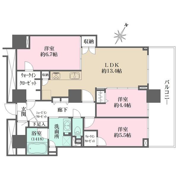LDK含む3部屋がバルコニーに面した間取り。玄関から直接アクセス可能なウォークインクローゼット有り。