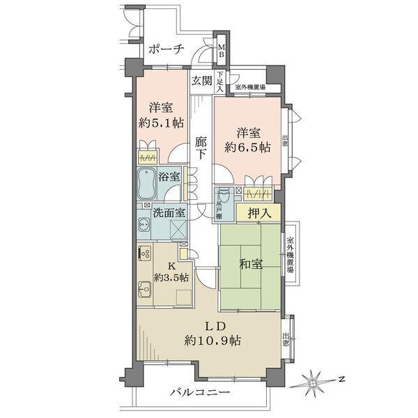 陽當り?通風良好な3方角住戸。洗面室、和室は2WAYアクセスが可能な回遊式の間取り。玄関ポーチ有り。