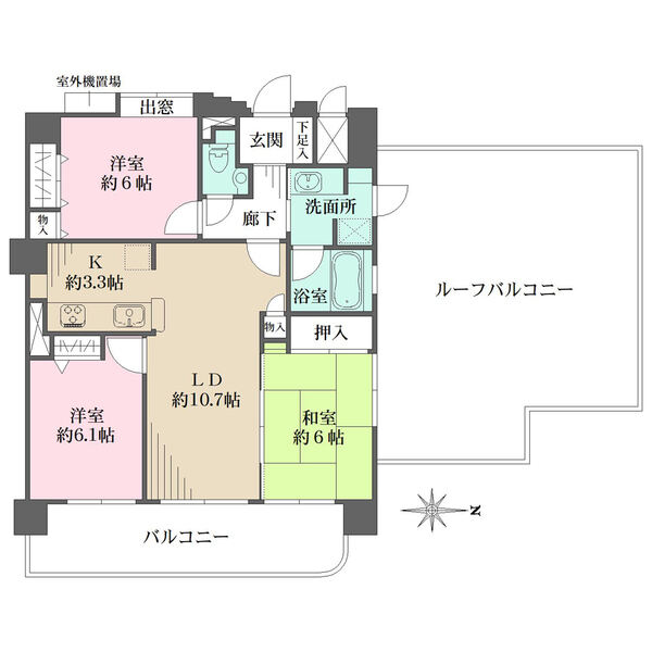 LD含む3部屋が東向きバルコニーに面し、北側にはルーフバルコニー付き。洗面室?浴室にも開口部有り。