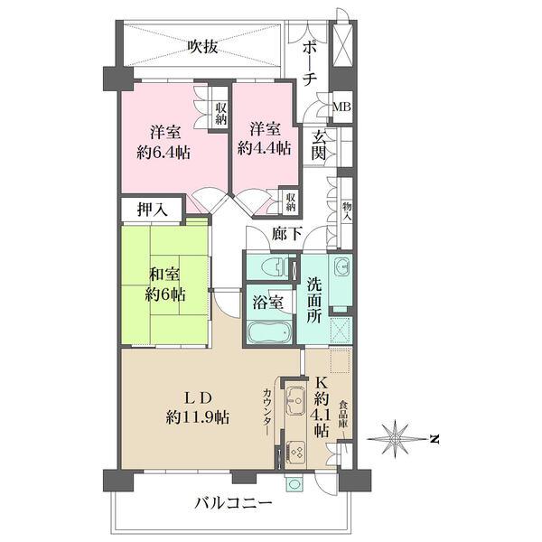 和室、洗面所、バルコニーは2WAYアクセスが可能な回遊式の間取り。食品庫や廊下収納など収納豊富。