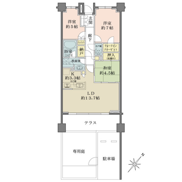 1階部分のため、専用庭?専用駐車場があり、生活動線の良いお部屋となっております。