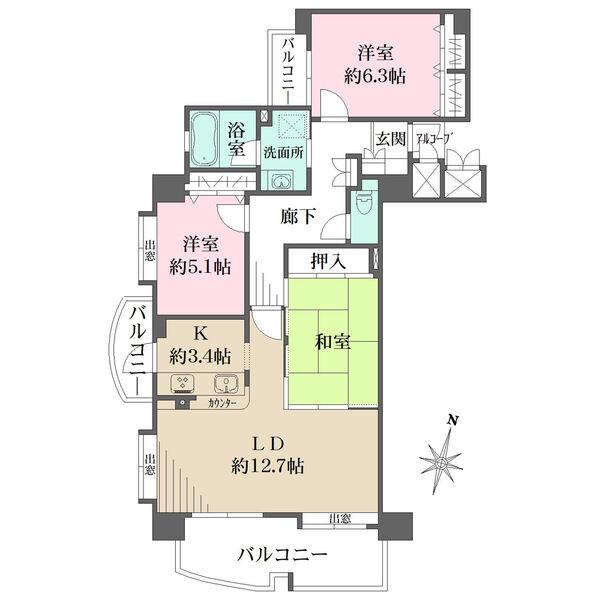 陽當り?通風良好な、南東?南西角住戸。柱の出っ張りが無いすっきりとした設計です。各和洋室に収納有り。