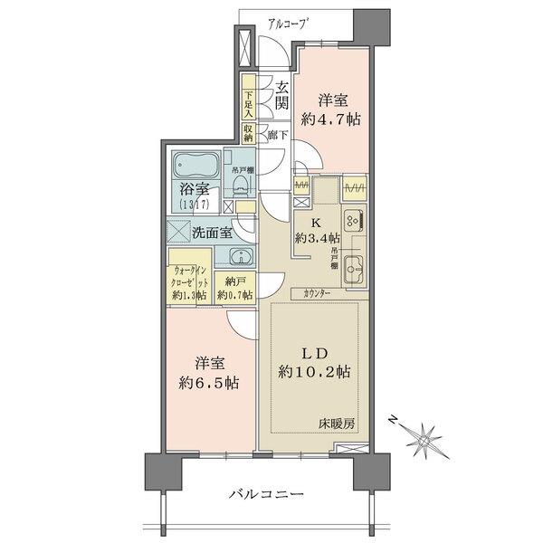 収納力があるウォークインクローゼット、納戸付きの2LDK。バルコニー面積11.34m2。