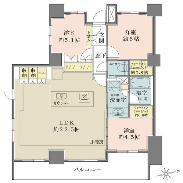 2つのウォークインクローゼットやパントリーが備わった豊富な収納が魅力。LDKは約22.5帖の大空間。