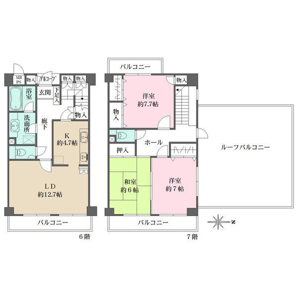 6?7階のメゾネットタイプ。全居室がバルコニーに面します。廊下物入の他、全居室収納付きで収納豊富。