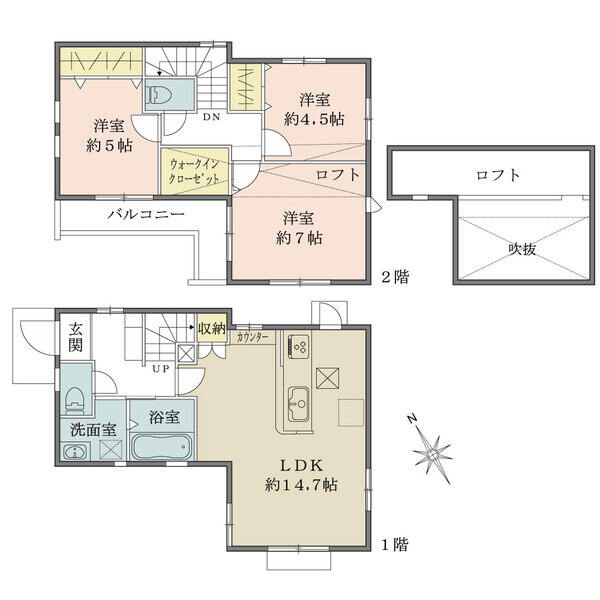 全居室に収納有。陽當(dāng)りの良い南向きバルコニー付きです。トイレは、1?2階に設(shè)けられています。