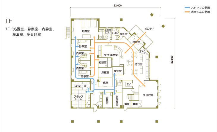 1F/処置室、診察室、內診室、産泊室、多目的室