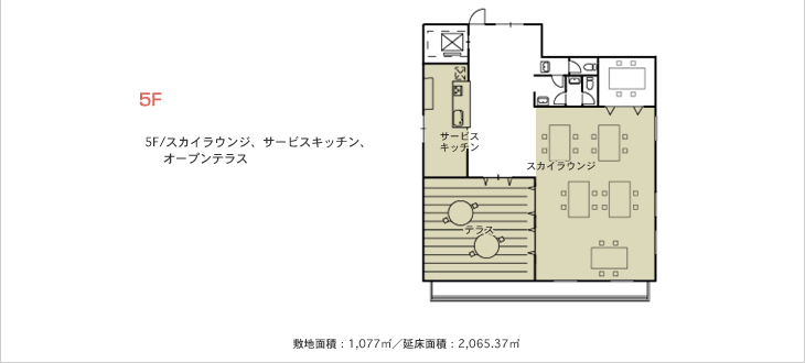 5F/スカイラウンジ、サービスキッチン、オープンテラス　敷地面積：1,077m2／延床面積：2,065.37m2