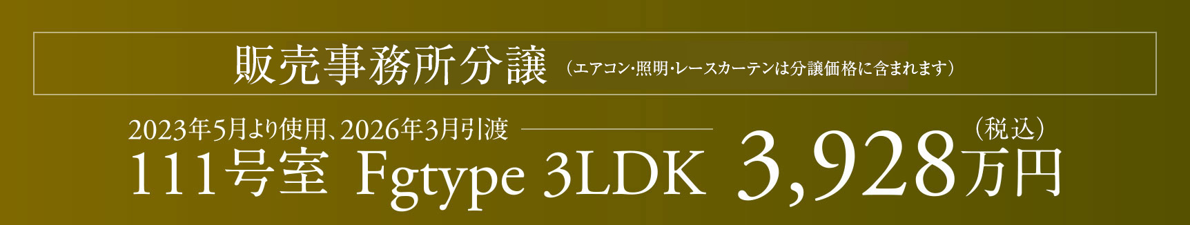 販売事務(wù)所分譲（エアコン?照明?レースカーテン） 111號(hào)室（Fg 3LDK）3,928萬(wàn)円：2023年5月より使用、2026年3月引渡