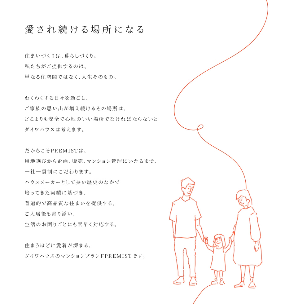 
				愛され続ける場所になる
				住まいづくりは、暮らしづくり。私たちがご提供するのは、単なる住空間ではなく、人生そのもの。
				わくわくする日々を過ごし、ご家族の思い出が増え続けるその場所は、どこよりも安全で心地のいい場所でなければならないとダイワハウスは考えます。
				だからこそPREMISTは、用地選びから企畫、販売、マンション菅理にいたるまで、一社一貫制にこだわります。ハウスメーカーとして長い歴史のなかで培ってきた実績に基づき、普遍的で高品質(zhì)な住まいを提供する。ご入居後も寄り添い、生活のお困りごとにも素早く対応する。
				住まうほどに愛著が深まる、ダイワハウスのマンションプランドPREMISTです。
			