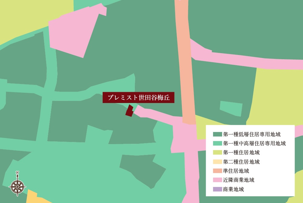 本物件南側(cè)は、閑靜な住宅地を形成する
第一種低層住居専用地域が広がる。
