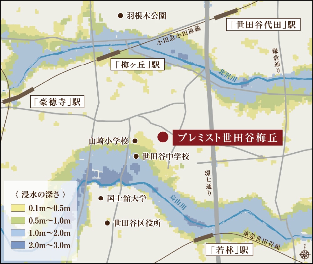武蔵野臺(tái)地の高臺(tái)、
浸水リスクが少ないポジション
