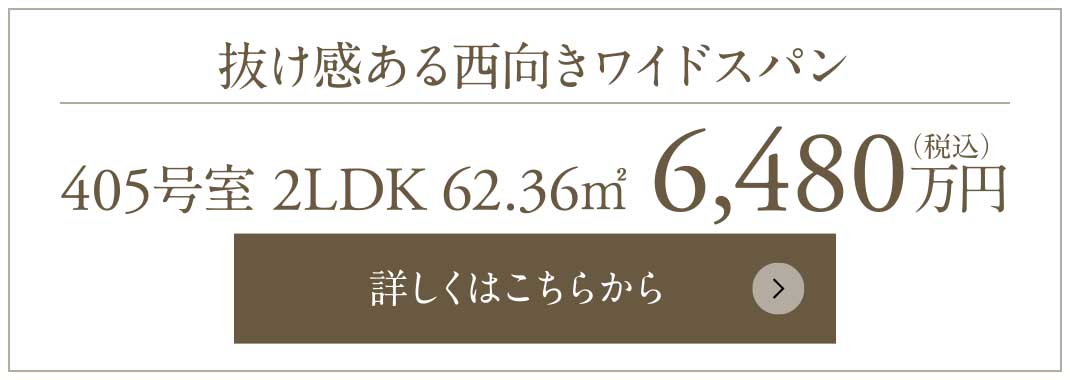抜け感ある西向きワイドスパン｜405號室 2LDK 62.36㎡ 6,480萬円（稅込）