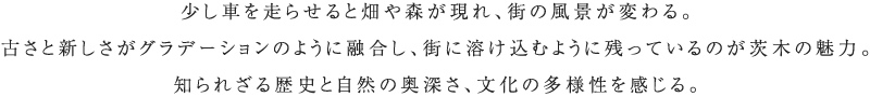 少し車を走らせると畑や森が現れ、街の風景が変わる。古さと新しさがグラデーションのように融合し、街に溶け込むように殘っているのが茨木の魅力。知られざる歴史と自然の奧深さ、文化の多様性を感じる。