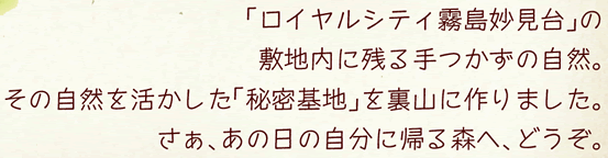 「ロイヤルシティ霧島妙見臺」の敷地內に殘る手つかずの自然。その自然を活かした「秘密基地」を裏山に作りました。さあ、あの日の自分に帰る森へ、どうぞ。