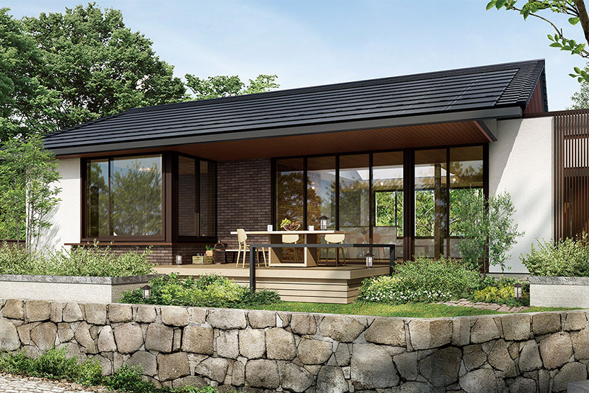 おしゃれなウッドデッキのある平屋