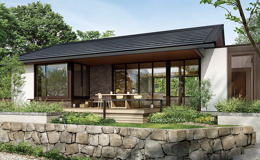 おしゃれなウッドデッキのある平屋