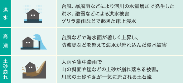 洪水：臺風、暴風雨などにより河川の水量増加で発生した洪水、融雪などによる洪水被害ゲリラ豪雨などで起きた床上浸水　高潮：臺風などで海水面が著しく上昇し、防波堤などを超えて海水が流れ込んだ浸水被害　土砂崩れ：大雨や集中豪雨で山の斜面や崖などの土砂が崩れ落ちる被害。川底の土砂や泥が一気に流される土石流